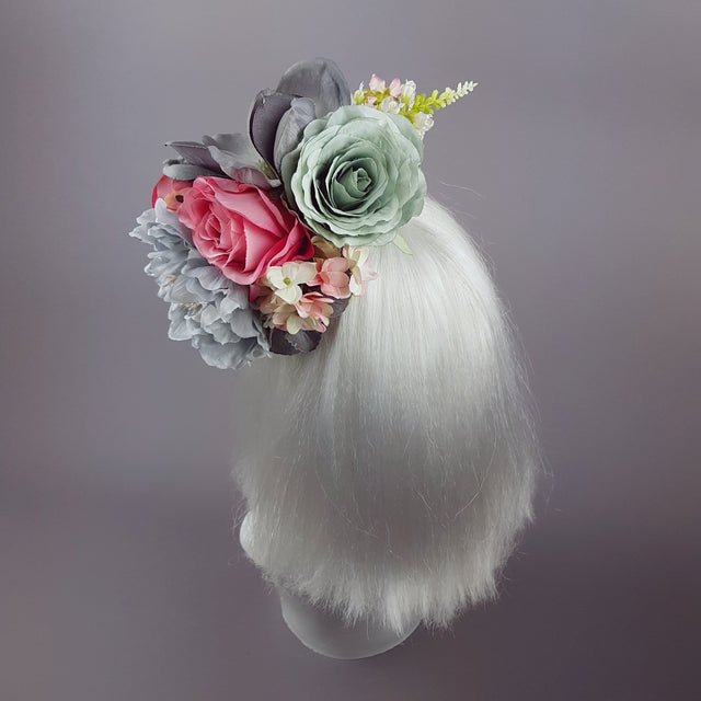 "Odelina" Grey & Pink Floral Fascinator