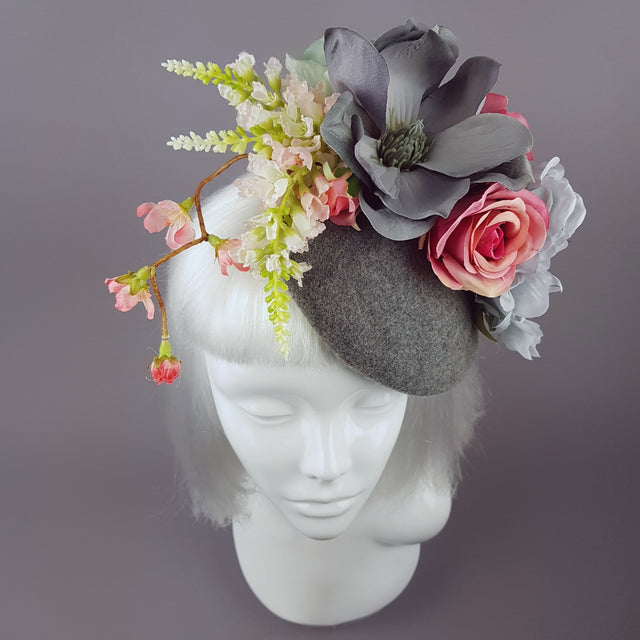 "Odelina" Grey & Pink Floral Fascinator
