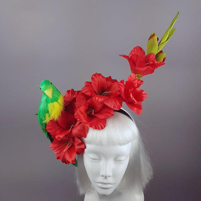 "Perroquet in Red" Parrot & Gladioli Tropical Flower Headpiece