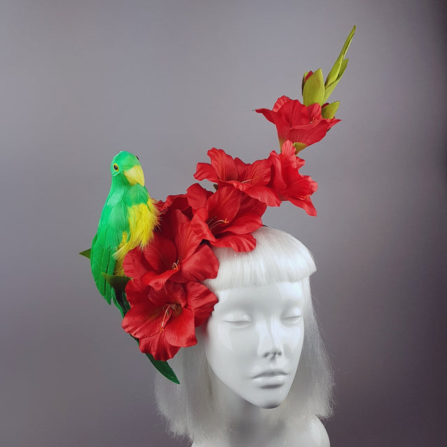 "Perroquet in Red" Parrot & Gladioli Tropical Flower Headpiece