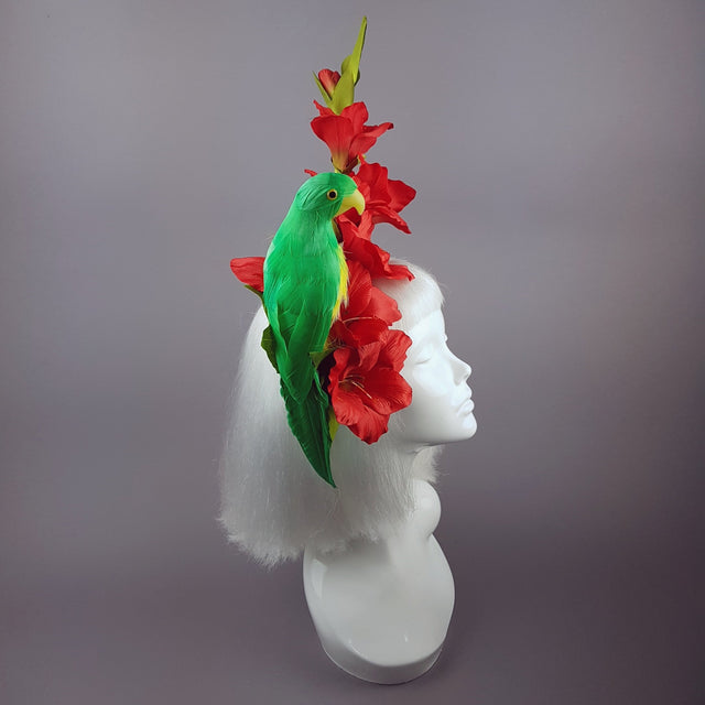 "Perroquet in Red" Parrot & Gladioli Tropical Flower Headpiece
