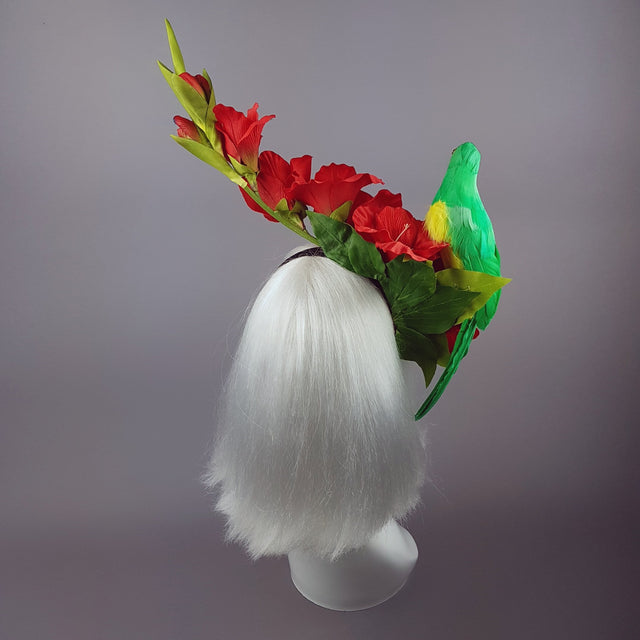 "Perroquet in Red" Parrot & Gladioli Tropical Flower Headpiece