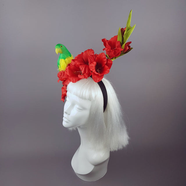 "Perroquet in Red" Parrot & Gladioli Tropical Flower Headpiece