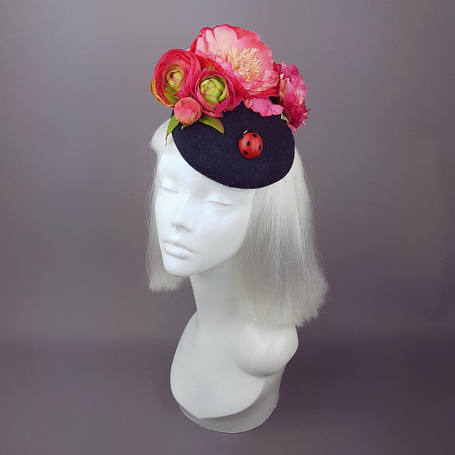 "Donella" Pink Rose, Ladybird on Dark Grey Fascinator