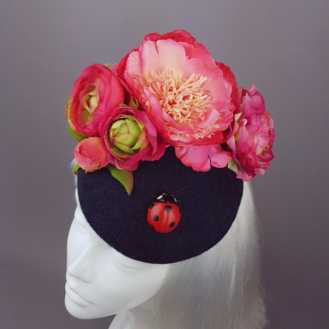 "Donella" Pink Rose, Ladybird on Dark Grey Fascinator