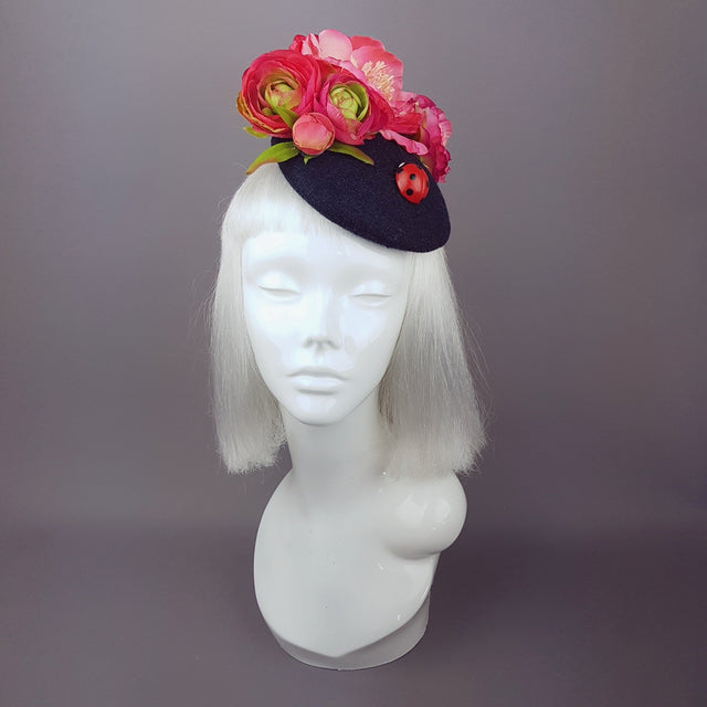 "Donella" Pink Rose, Ladybird on Dark Grey Fascinator