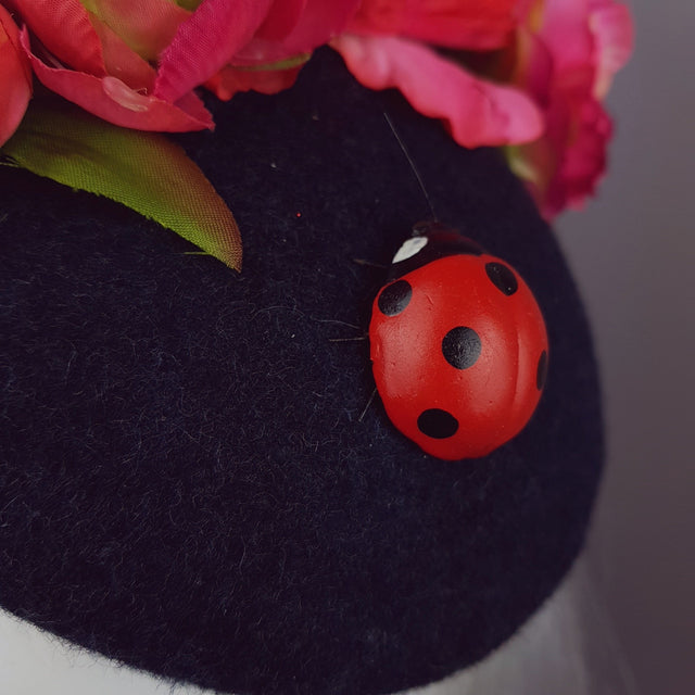"Donella" Pink Rose, Ladybird on Dark Grey Fascinator