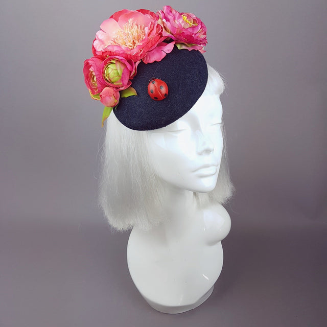 "Donella" Pink Rose, Ladybird on Dark Grey Fascinator
