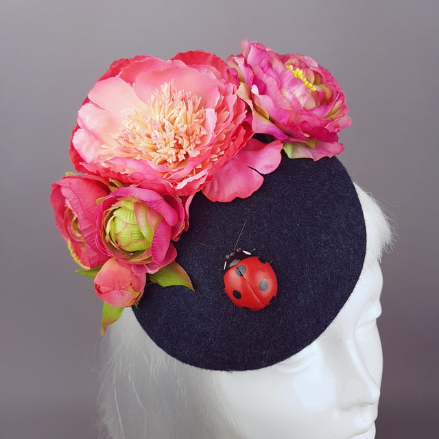 "Donella" Pink Rose, Ladybird on Dark Grey Fascinator