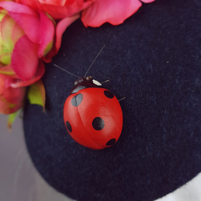 "Donella" Pink Rose, Ladybird on Dark Grey Fascinator