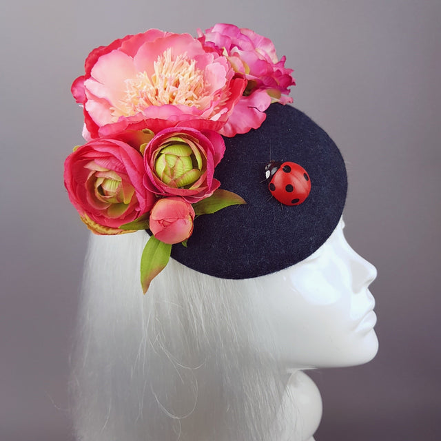 "Donella" Pink Rose, Ladybird on Dark Grey Fascinator
