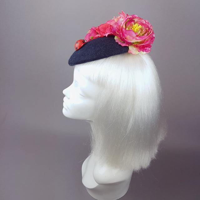"Donella" Pink Rose, Ladybird on Dark Grey Fascinator