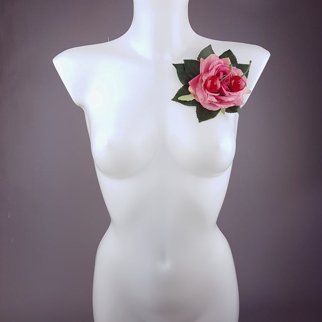 "Rossa" Pink Rose & Cherry Corsage Brooch