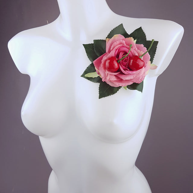 "Rossa" Pink Rose & Cherry Corsage Brooch