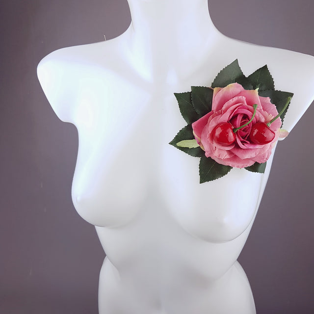 "Rossa" Pink Rose & Cherry Corsage Brooch