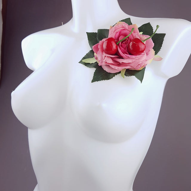 "Rossa" Pink Rose & Cherry Corsage Brooch
