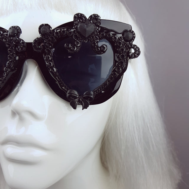 "J'adore" Black Heart & Bow Filigree Sunglasses