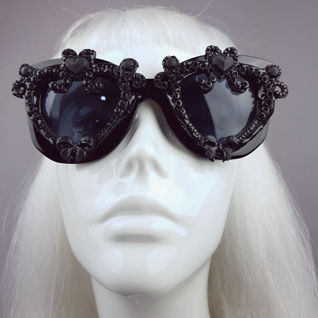 "J'adore" Black Heart & Bow Filigree Sunglasses