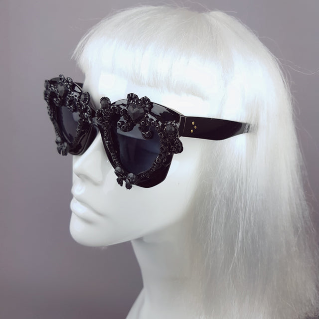 "J'adore" Black Heart & Bow Filigree Sunglasses