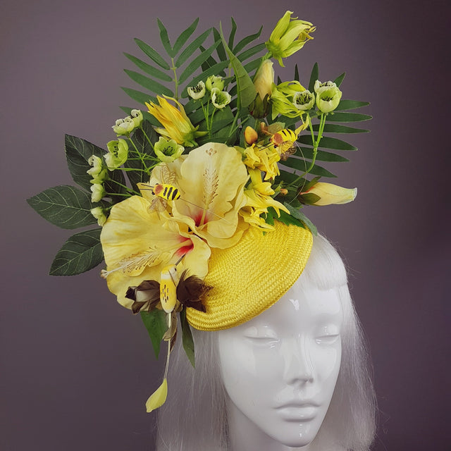 "Sunni" Yellow Tropical Hibiscus Flowers Fascinator Hat