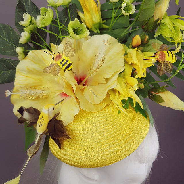 "Sunni" Yellow Tropical Hibiscus Flowers Fascinator Hat