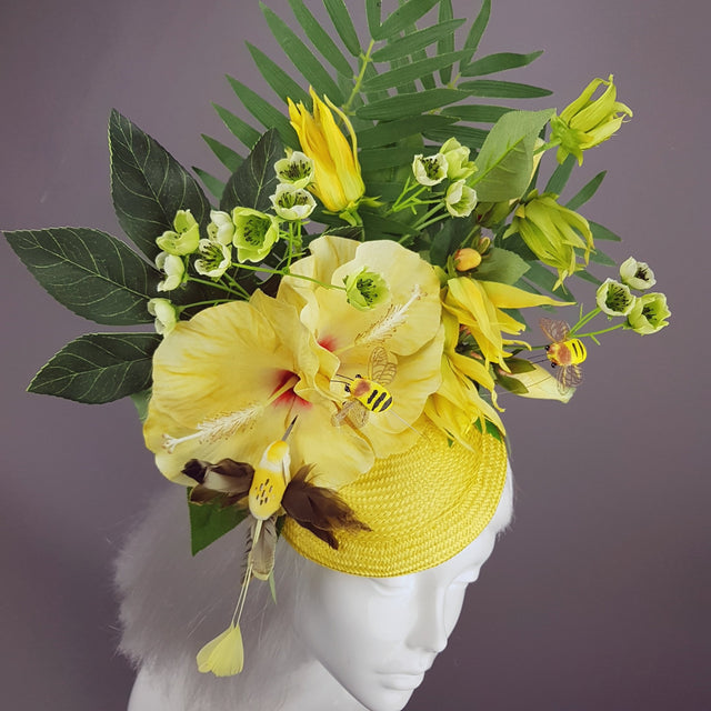 "Sunni" Yellow Tropical Hibiscus Flowers Fascinator Hat