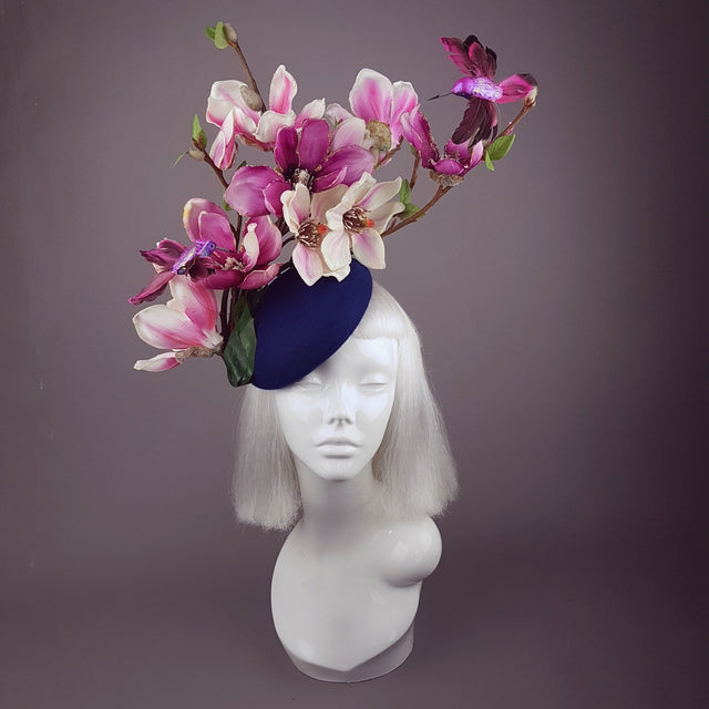 "Eolande" Pink Magnolia Flowers & Hummingbirds Fascinator Hat