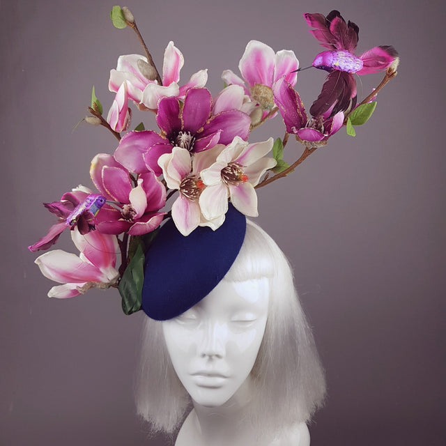 "Eolande" Pink Magnolia Flowers & Hummingbirds Fascinator Hat