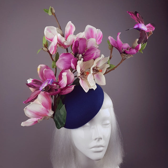 "Eolande" Pink Magnolia Flowers & Hummingbirds Fascinator Hat