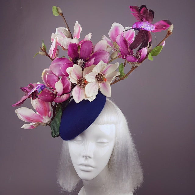 "Eolande" Pink Magnolia Flowers & Hummingbirds Fascinator Hat