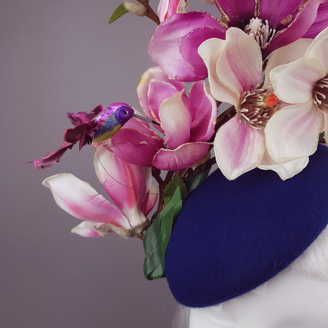 "Eolande" Pink Magnolia Flowers & Hummingbirds Fascinator Hat