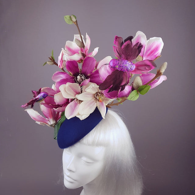 "Eolande" Pink Magnolia Flowers & Hummingbirds Fascinator Hat
