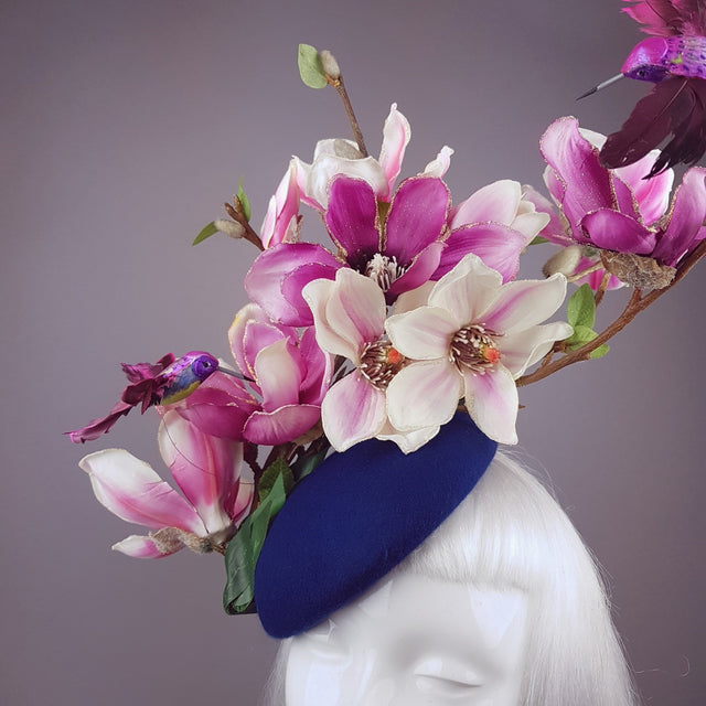 "Eolande" Pink Magnolia Flowers & Hummingbirds Fascinator Hat