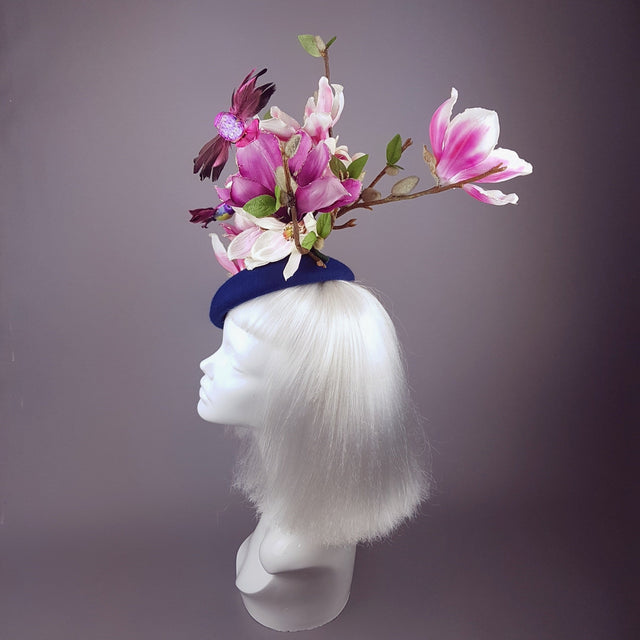 "Eolande" Pink Magnolia Flowers & Hummingbirds Fascinator Hat