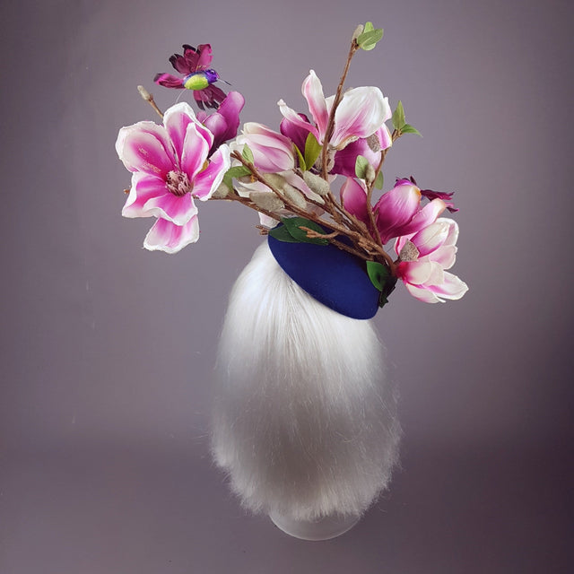 "Eolande" Pink Magnolia Flowers & Hummingbirds Fascinator Hat
