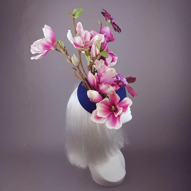 "Eolande" Pink Magnolia Flowers & Hummingbirds Fascinator Hat