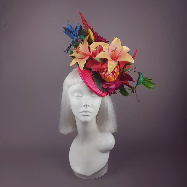 "Nerida" Pink & Orange Tropical Hibiscus Flowers Fascinator Hat