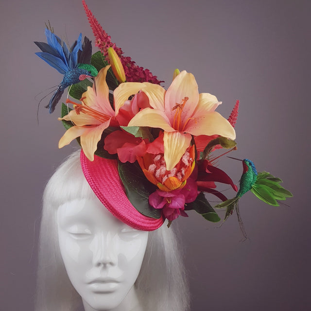 "Nerida" Pink & Orange Tropical Hibiscus Flowers Fascinator Hat