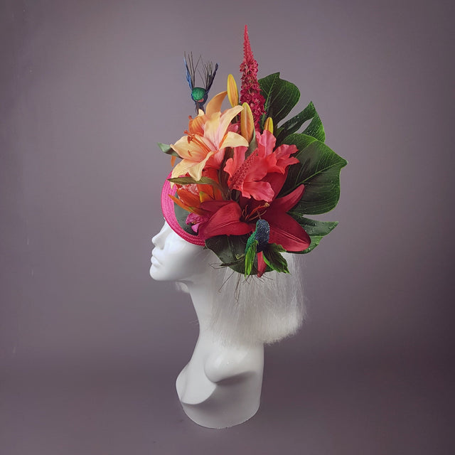 "Nerida" Pink & Orange Tropical Hibiscus Flowers Fascinator Hat