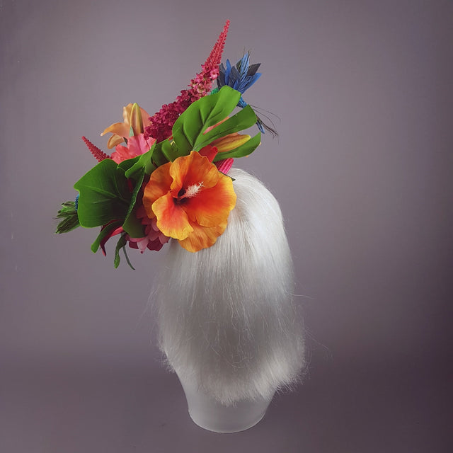 "Nerida" Pink & Orange Tropical Hibiscus Flowers Fascinator Hat