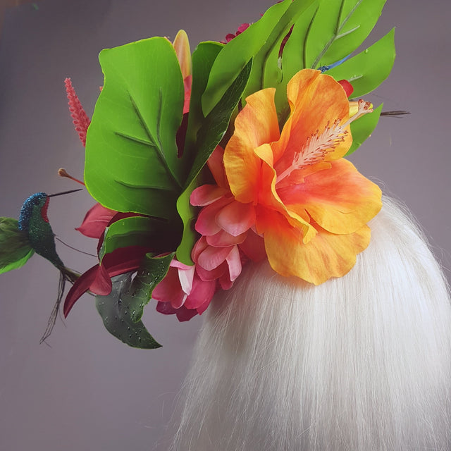 "Nerida" Pink & Orange Tropical Hibiscus Flowers Fascinator Hat