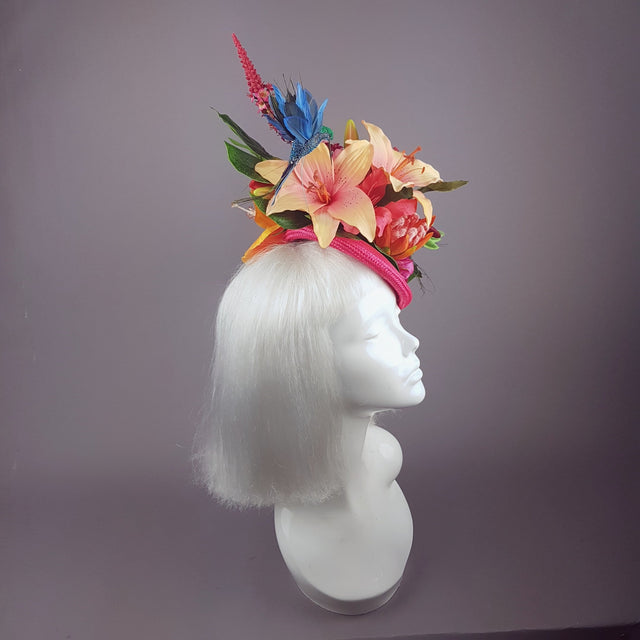 "Nerida" Pink & Orange Tropical Hibiscus Flowers Fascinator Hat