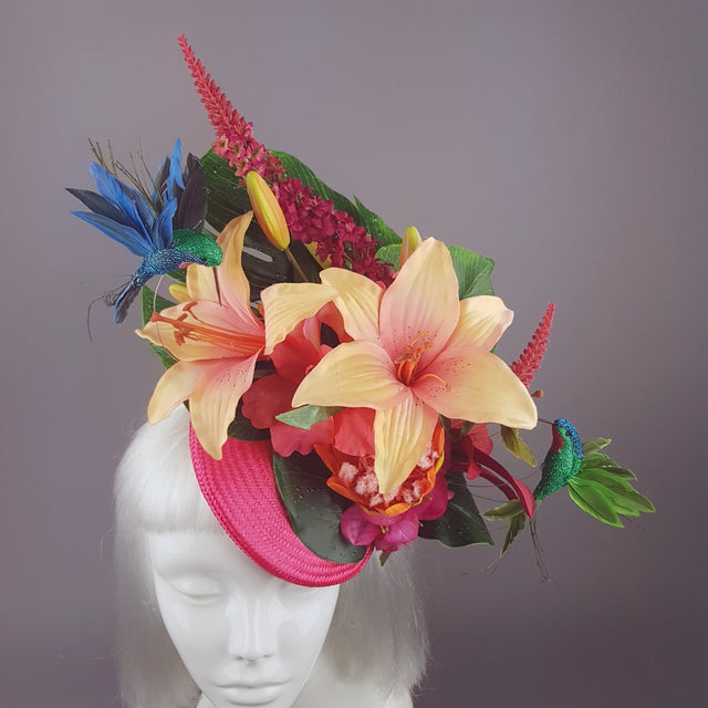 "Nerida" Pink & Orange Tropical Hibiscus Flowers Fascinator Hat