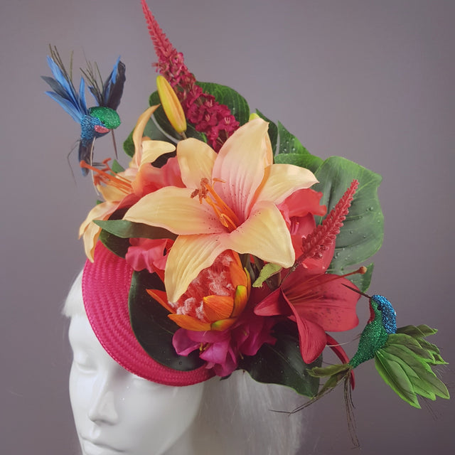 "Nerida" Pink & Orange Tropical Hibiscus Flowers Fascinator Hat