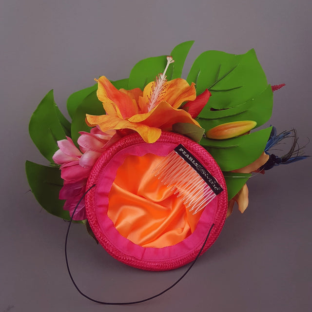 "Nerida" Pink & Orange Tropical Hibiscus Flowers Fascinator Hat