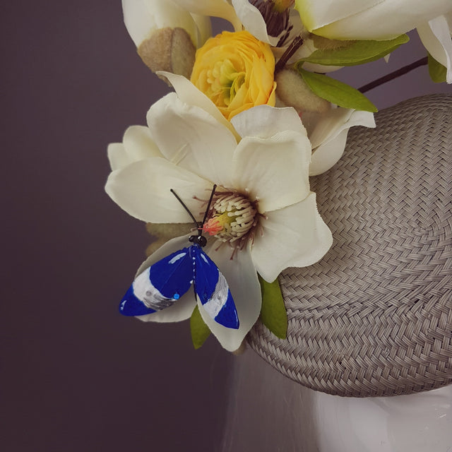 "Lorilla" Grey and Yellow Magnolia Flowers Fascinator Hat