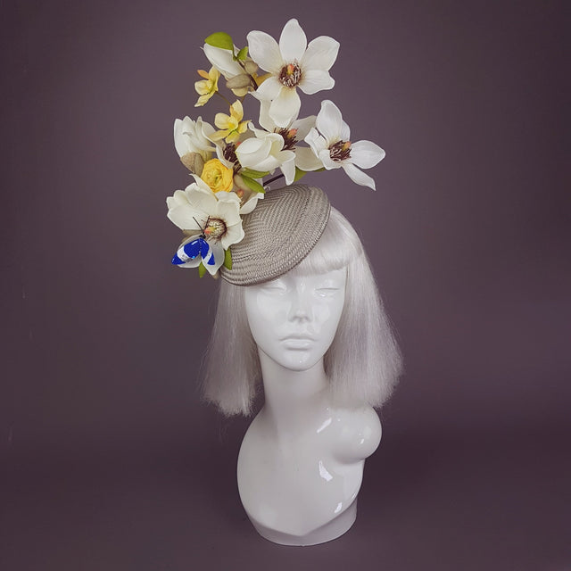 "Lorilla" Grey and Yellow Magnolia Flowers Fascinator Hat