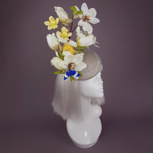 "Lorilla" Grey and Yellow Magnolia Flowers Fascinator Hat