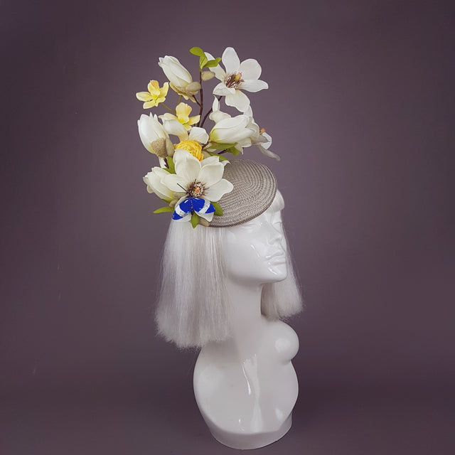 "Lorilla" Grey and Yellow Magnolia Flowers Fascinator Hat