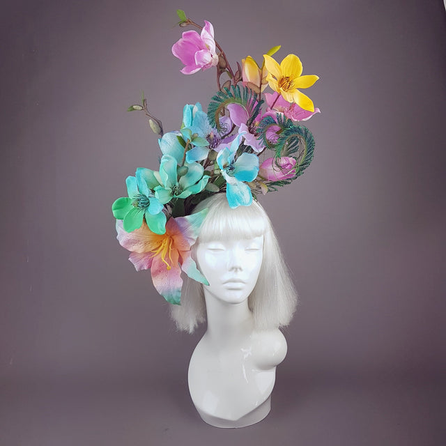 "Éclairer" Rainbow Magnolia Flower & Peacock Feather Headpiece